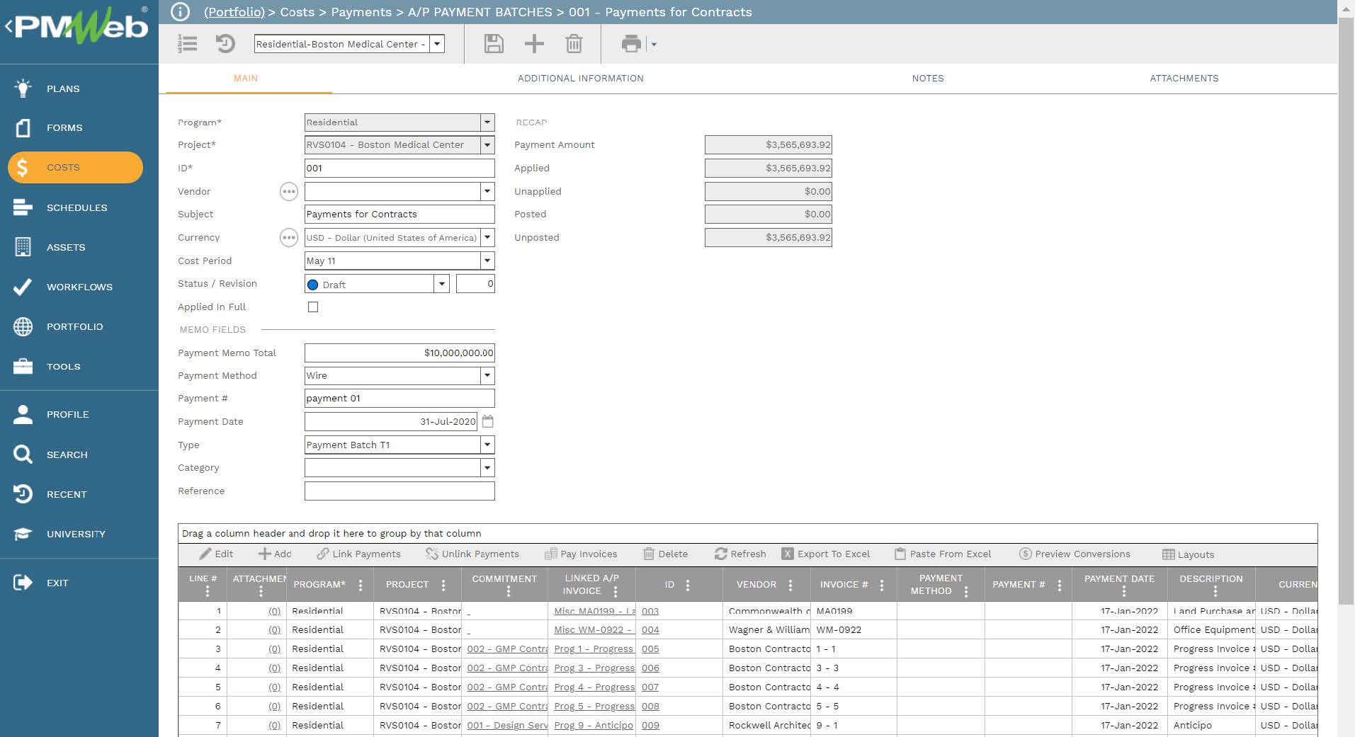 PMWeb 7 Costs Payments A/P Payment Batches Payments for Contracts 
Main