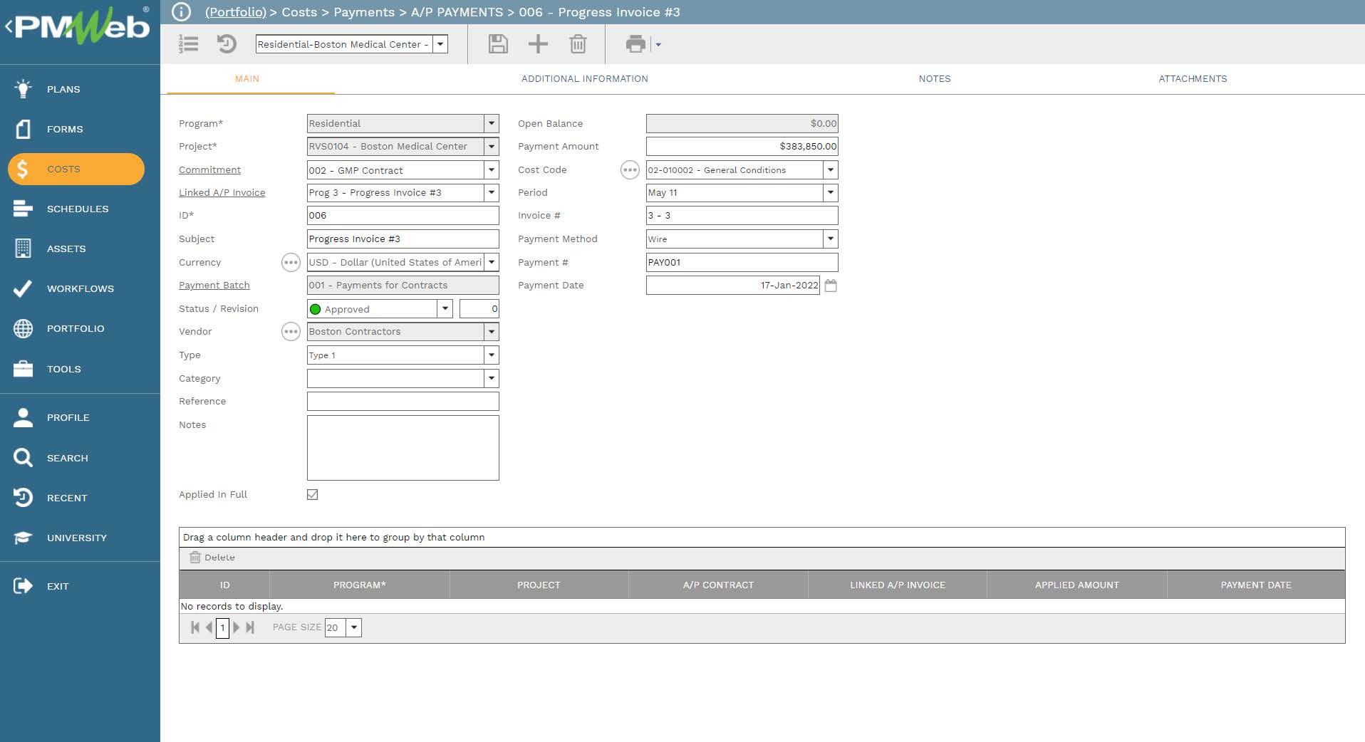 PMWeb 7 Costs Payments A/P Payment Progress Invoice #3
Main 