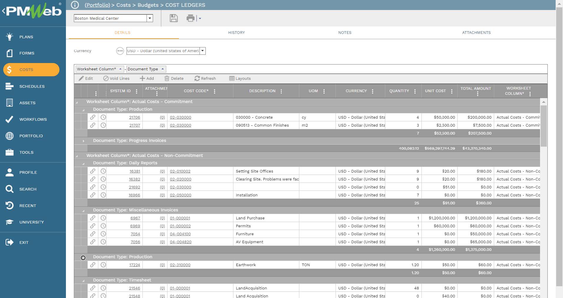 PMWeb 7 Costs Budgets Cost Ledgers 
Details 