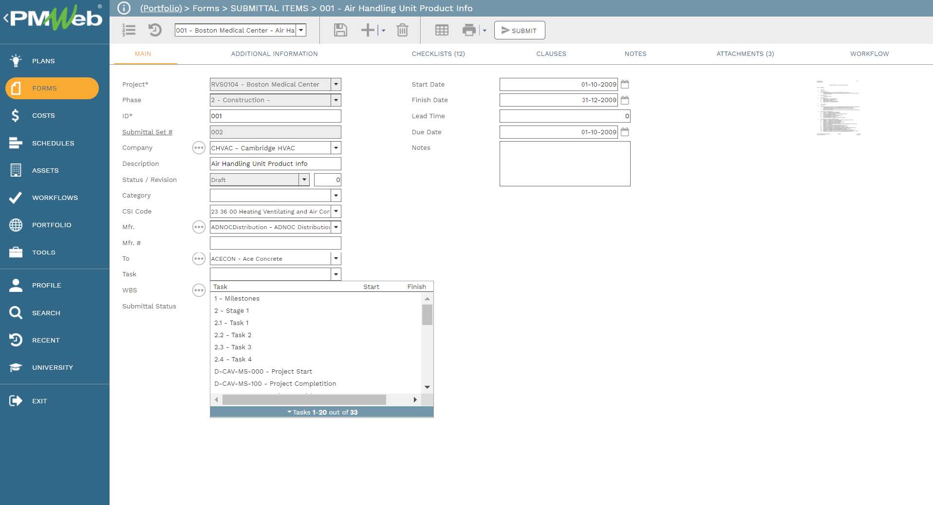 PMWeb 7 Forms Submittal Items Air Handing Unit Product Info 
Main