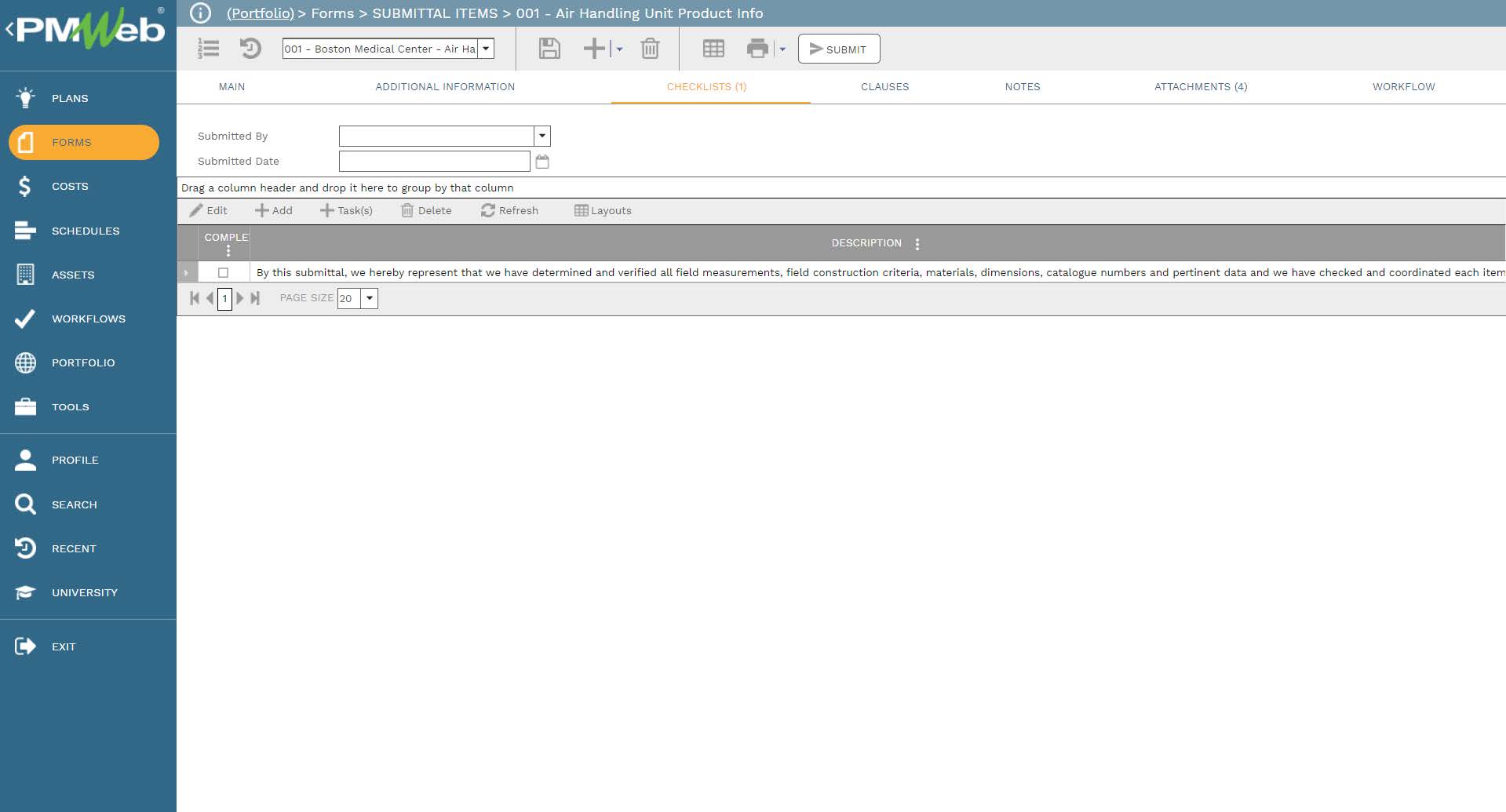 PMWeb 7 Forms Submittal Items Air Handing Unit Product Info 
Checklist 