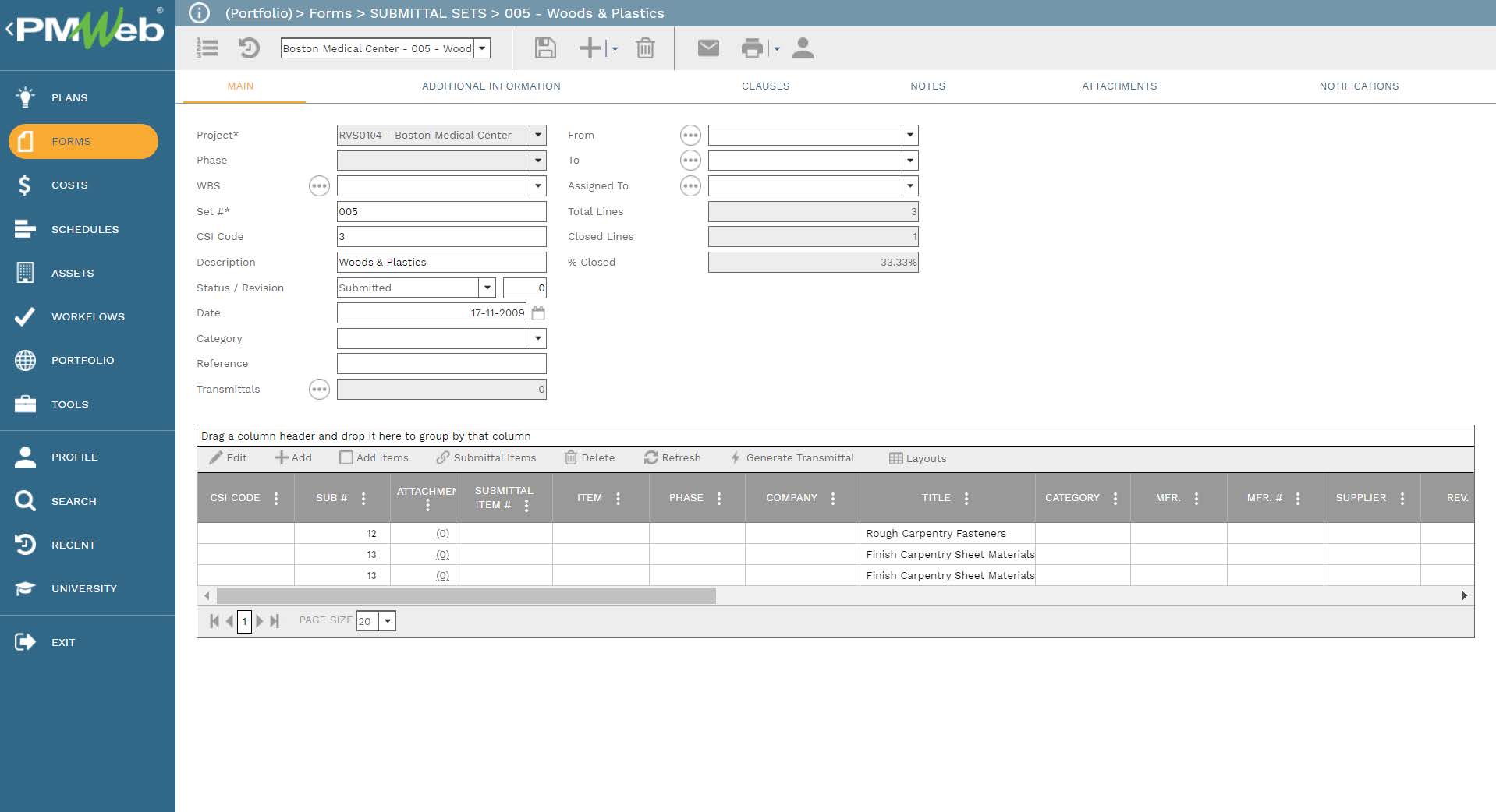 Pmweb 7 Forms Submittal Sets Woods & Plastics 
Main 