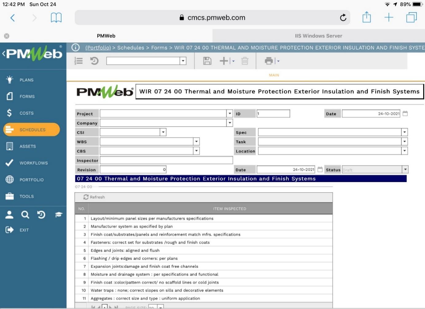 PMWeb 7 Schedules Forms WIR 07 24 00 Thermal And Moisture Protection Exterior Insulation and Finish Systems 