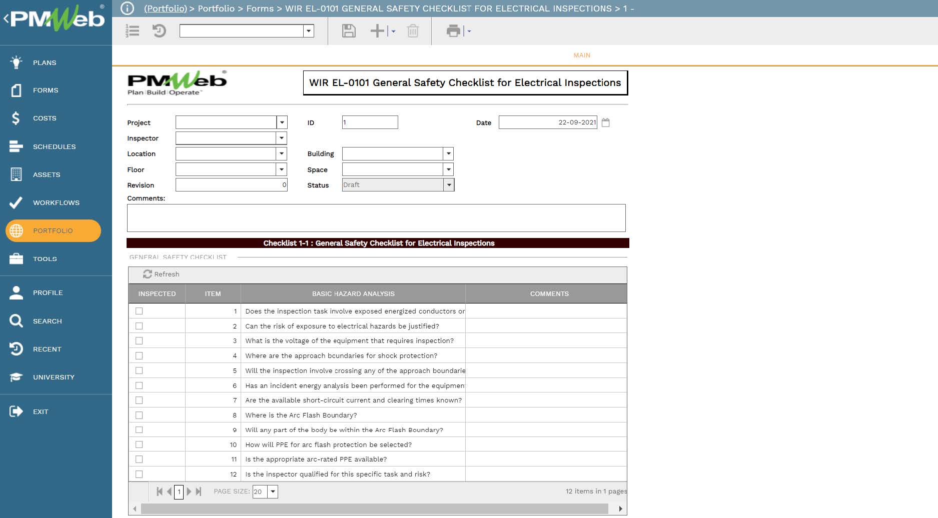 PMWeb 7 Portfolio Forms WIR El 0101 General Safety Checklist For Electrical Inspection 