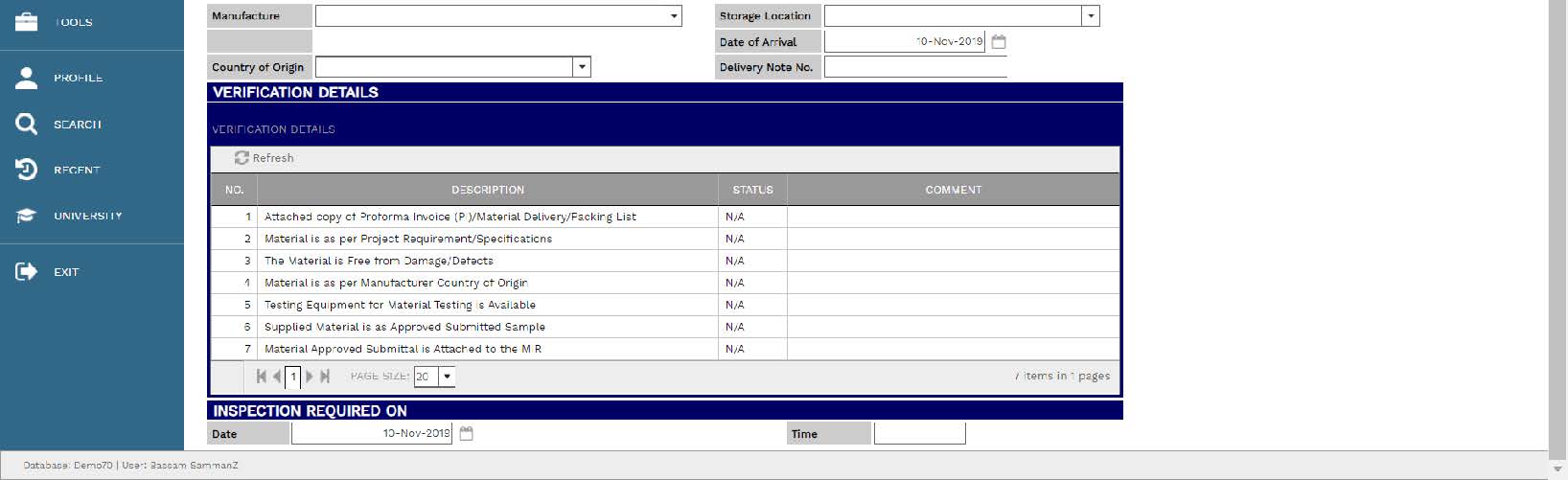 PMWeb 7 Schedules Forms Material Inspection Request (MIR) 
Main