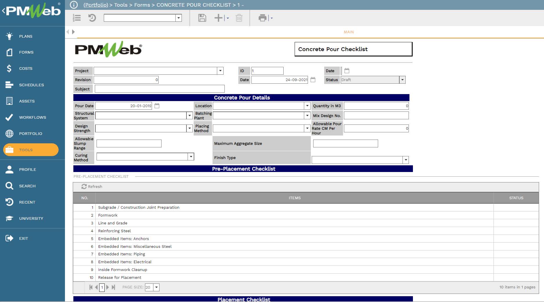 PMWeb 7 Tools Forms Concrete Pour Checklist 
Main