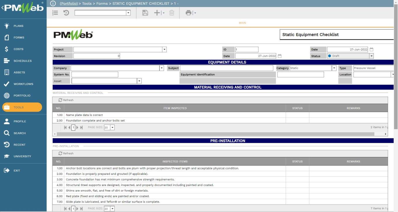 Tools Forms Static Equipment Checklist 
Main