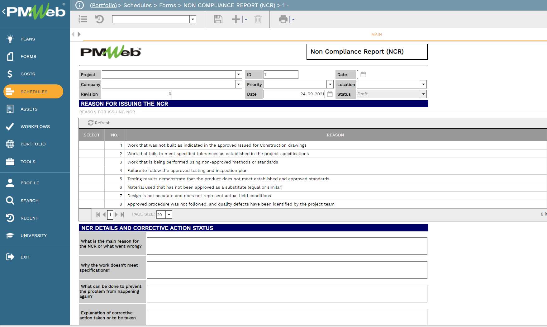 PMWeb 7 Schedules Forms Non Compliance Report (NCR) 
Main