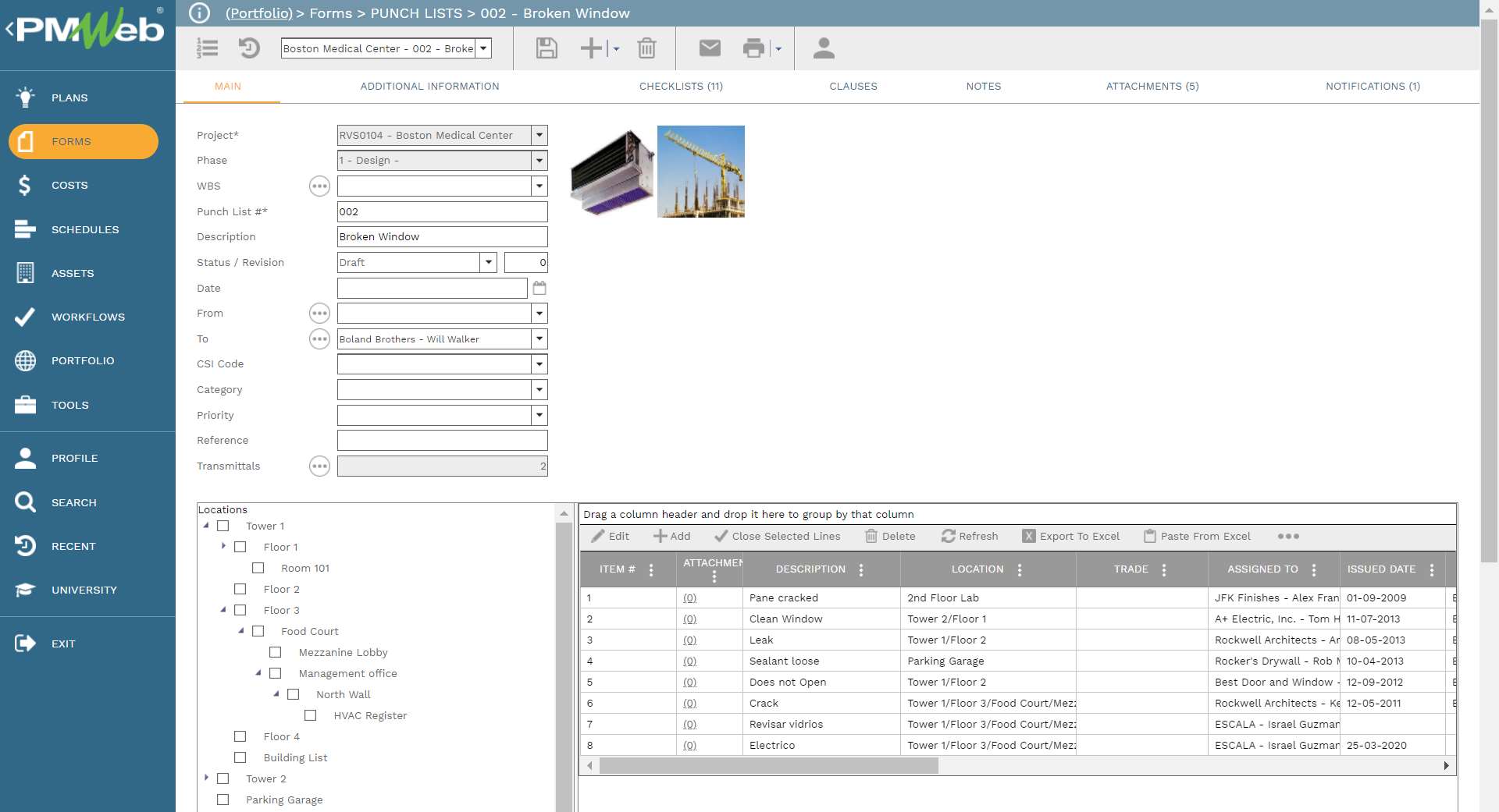 PMWeb 7 Forms Punch Lists Broken Window 
Main