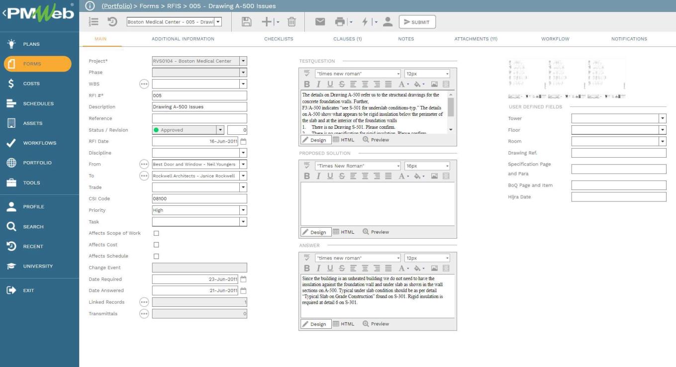 PMWeb 7 Forms RFIs Drawing A-500 Issues 
Main 