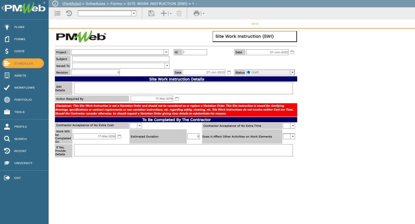 PMWeb 7 Schedules Forms Site Work Instruction (SWI)
Main 