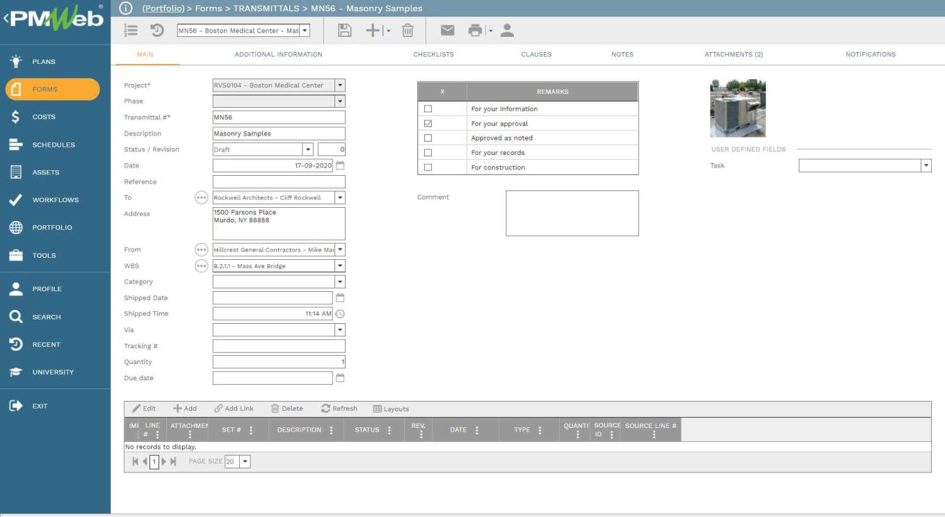 PMWeb 7 Form Transmittals MN56 Masonry Samples 
Main