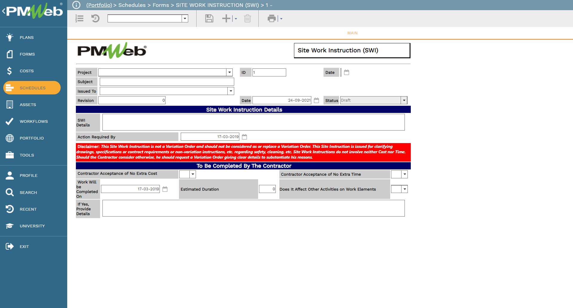 PMWeb 7 Schedules Forms Site Work Instruction (SWI) 
Main 