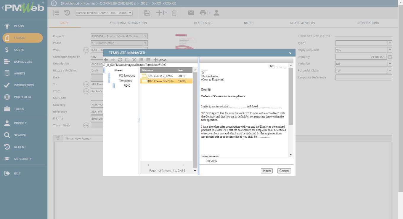 PMWeb 7 Forms Correspondence 
Main
Template Manager 