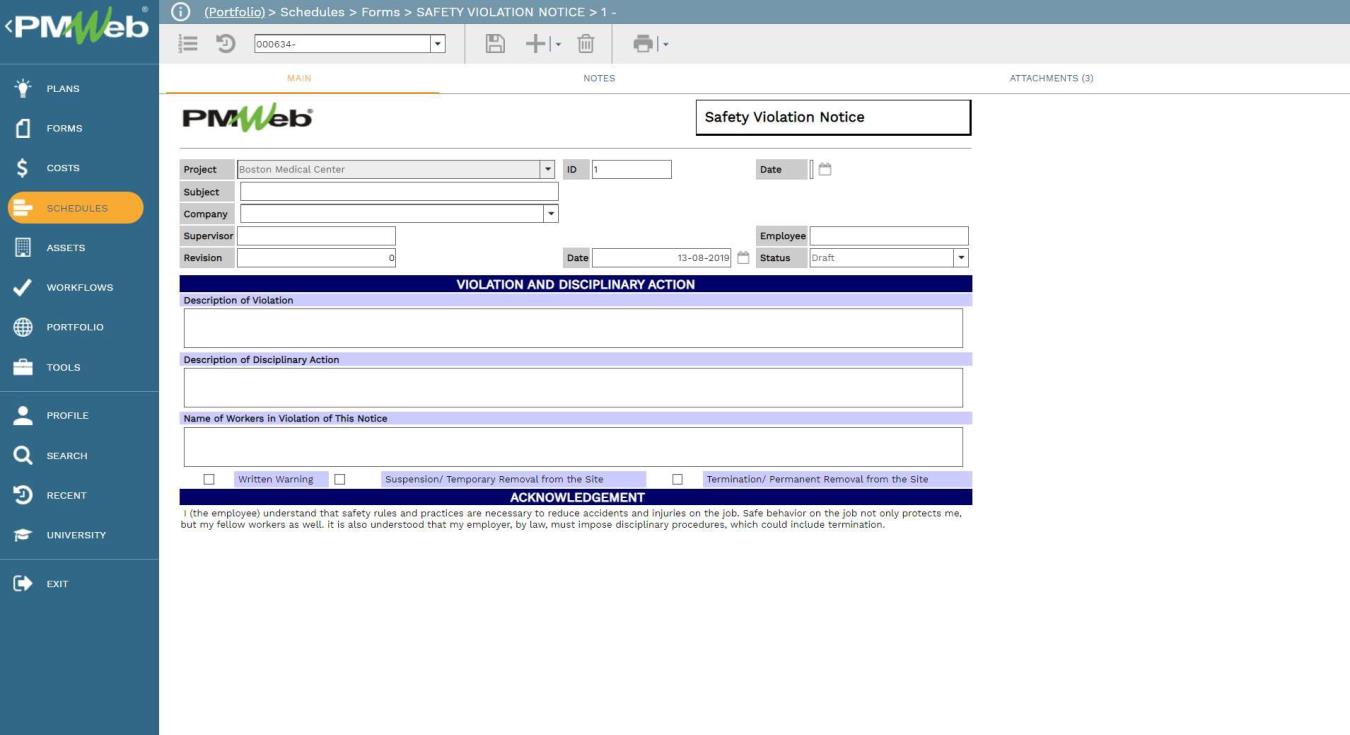 PMWeb 7 Schedules Forms Safety Violation Notice 
Main 