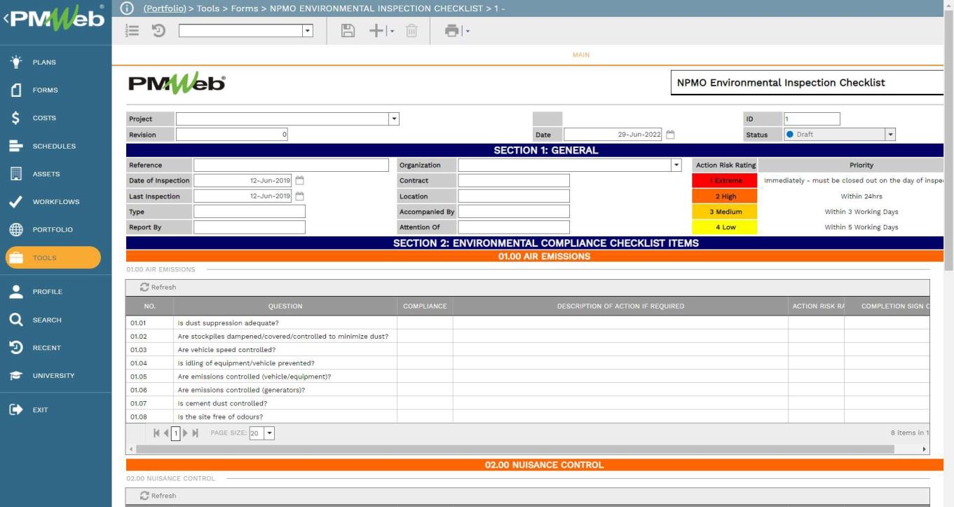 PMWeb 7 Tools Forms NPMO Environmental Inspect Checklist 
Main 