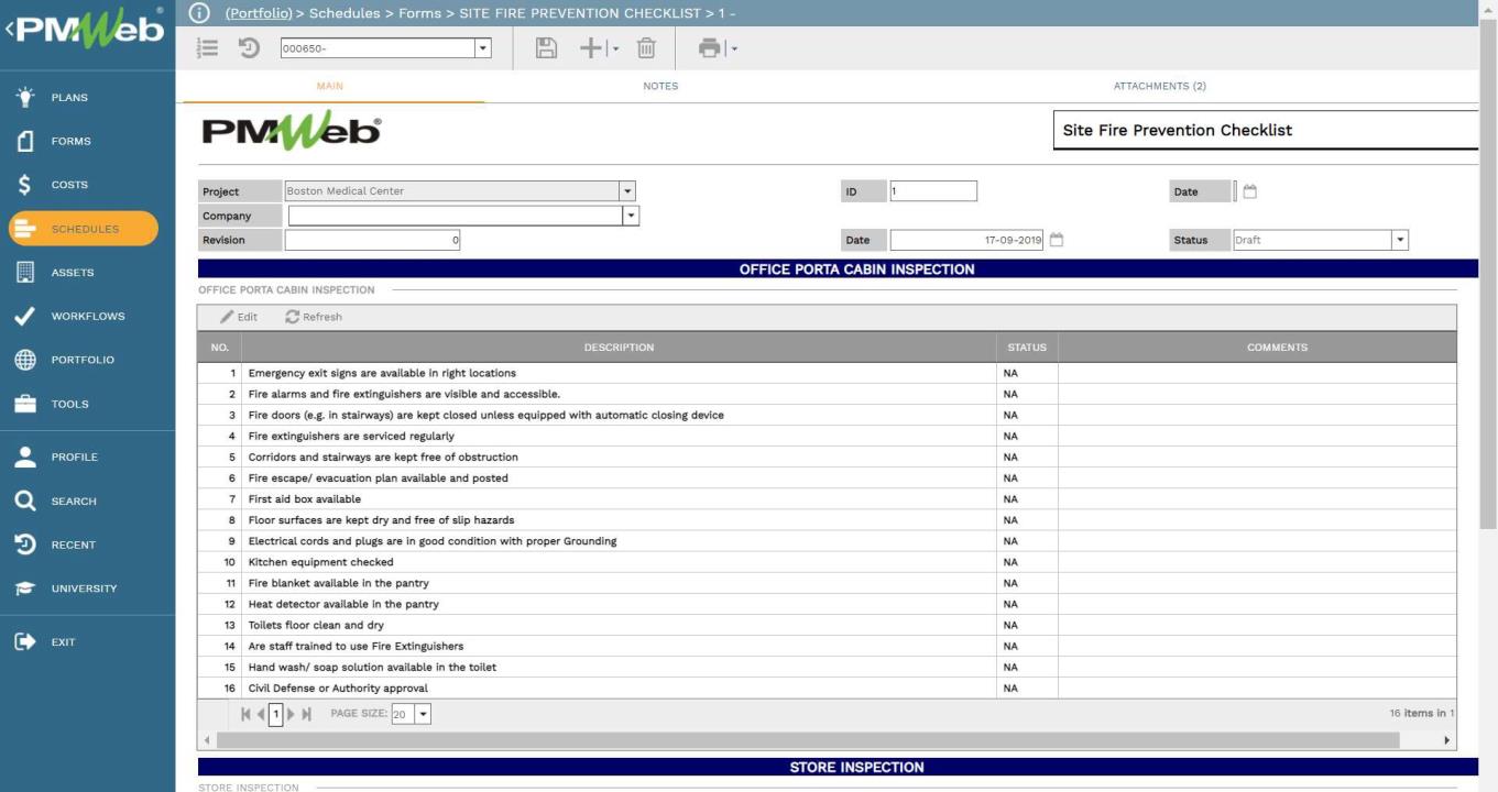 PMWeb 7 Schedules Forms Site Fire Prevention checklist 
Main 