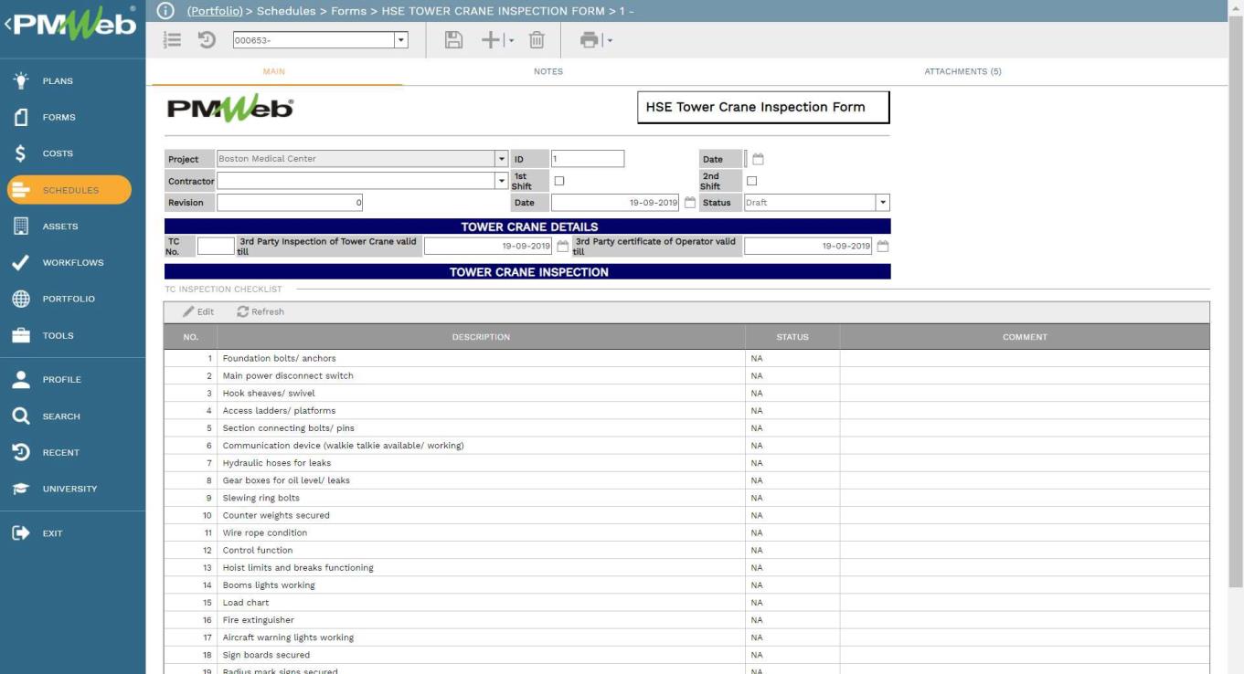 PMWeb 7 Schedules Forms HSE Tower Crane Inspection Form
Main