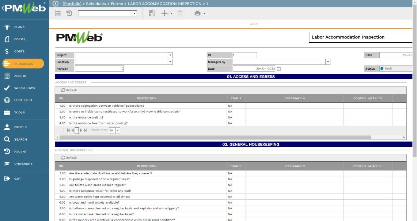 PMWeb 7 Schedules Forms Labor Accommodation Inspection 
Main 