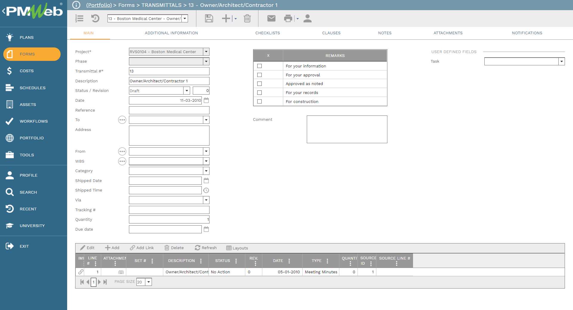 PMWeb 7 Forms Transmittals 13 
Owner/Architect/Contractor 1
Main