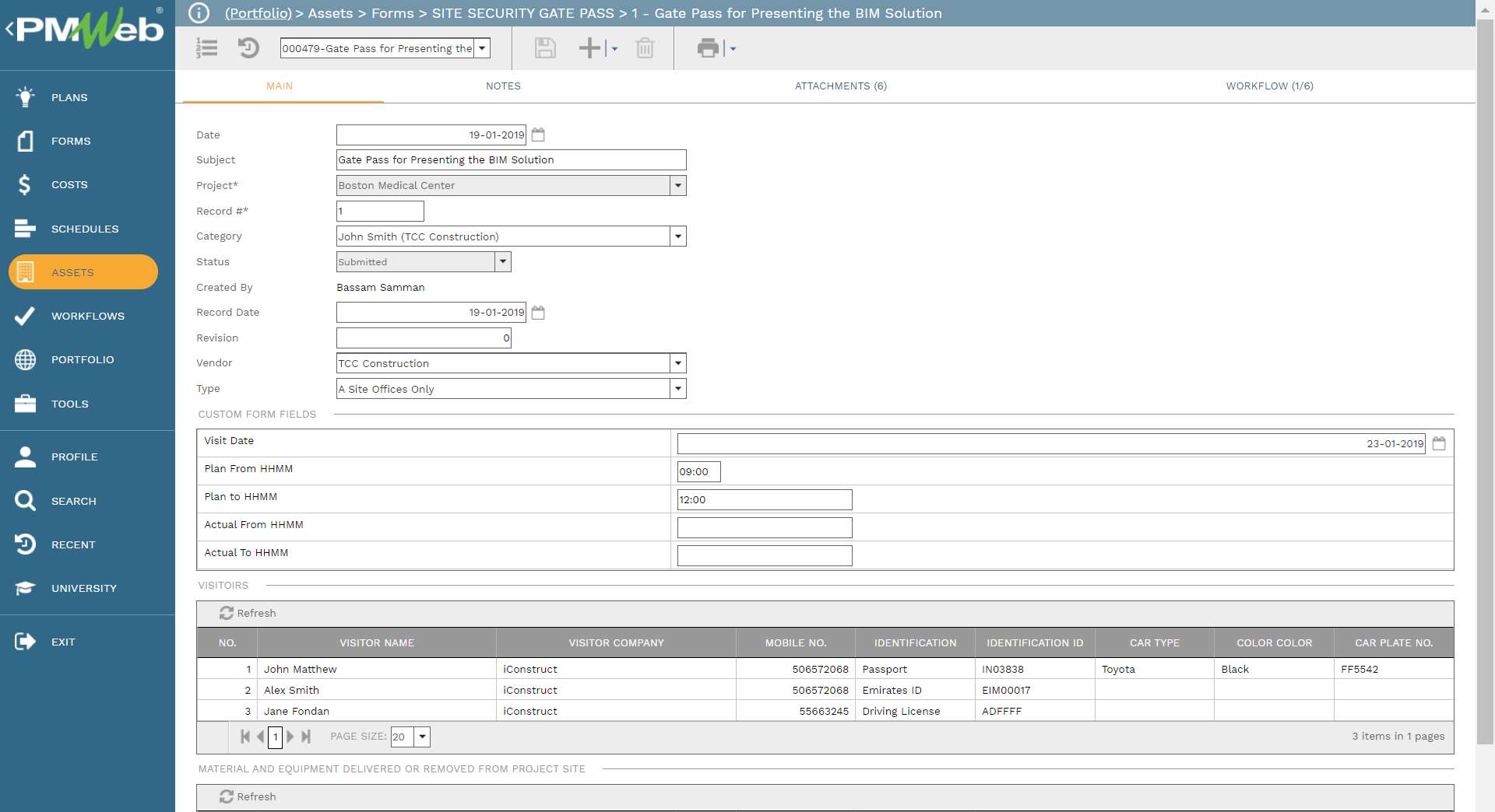 PMWeb 7 Assets Forms Site Security Passes For Presenting The BIM Solution 
Main