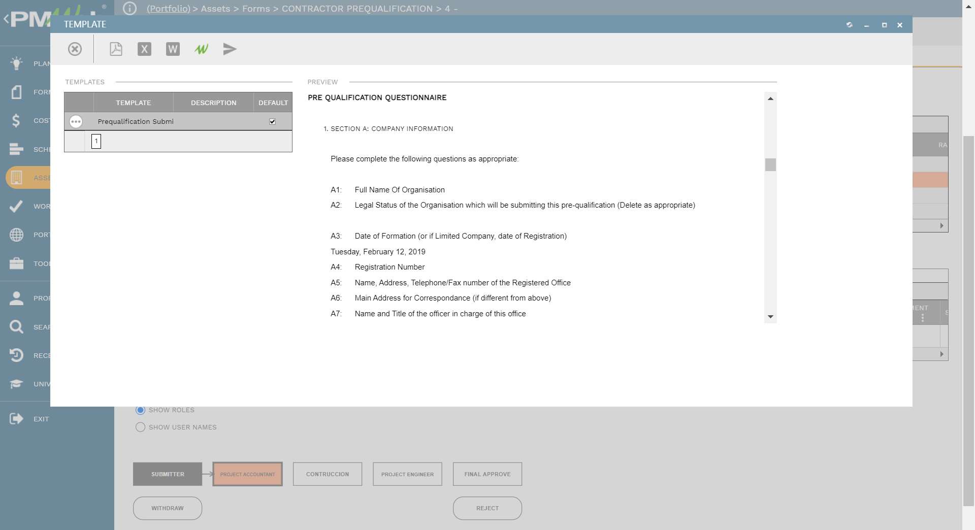 PMWEB 7 Assets Form Contractor Pre-qualification for a Prequalification document