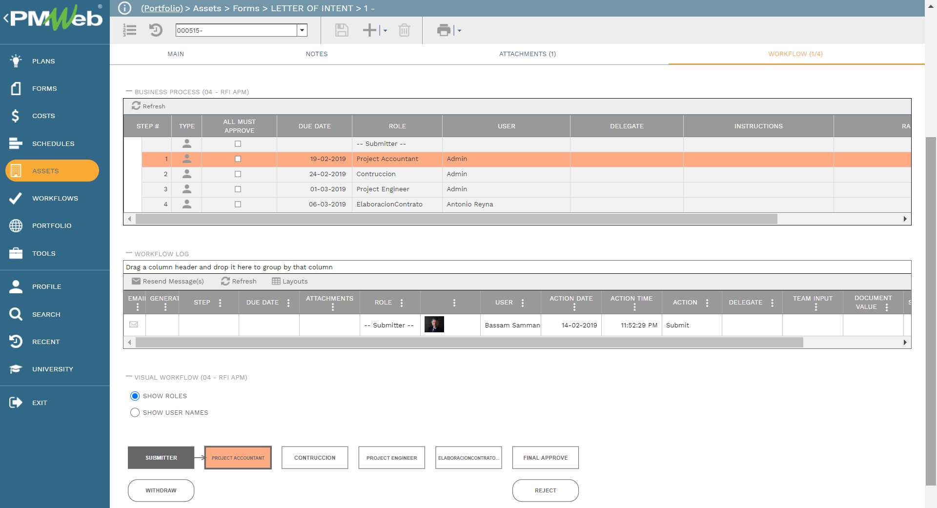 PMWeb 7 Assets Forms Letter of Intent
Workflow