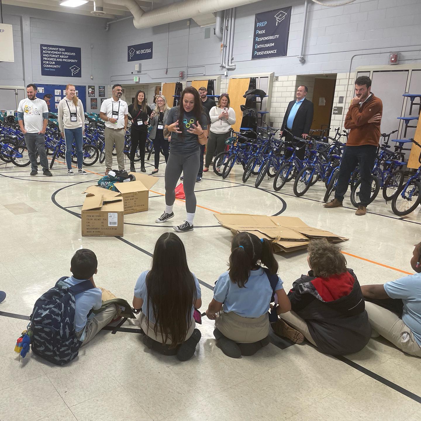 The second grade students at University Prep are excited to receive their new bikes.