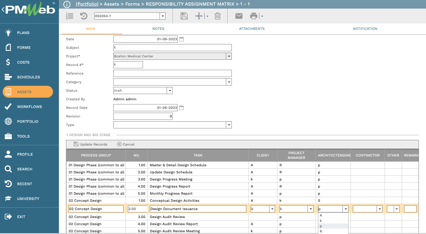 PMWeb7 Assets Forms Responsibility Assignment Matrix 
Main