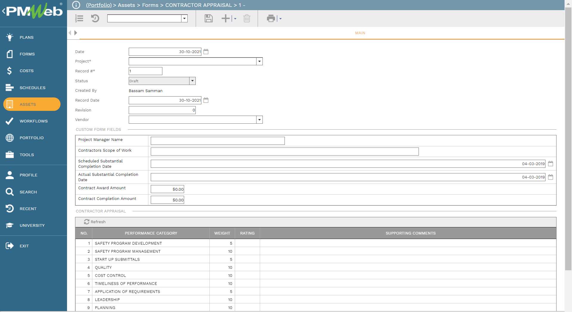 PMWeb 7 Asset  Forms Contractor Appraisal
Main