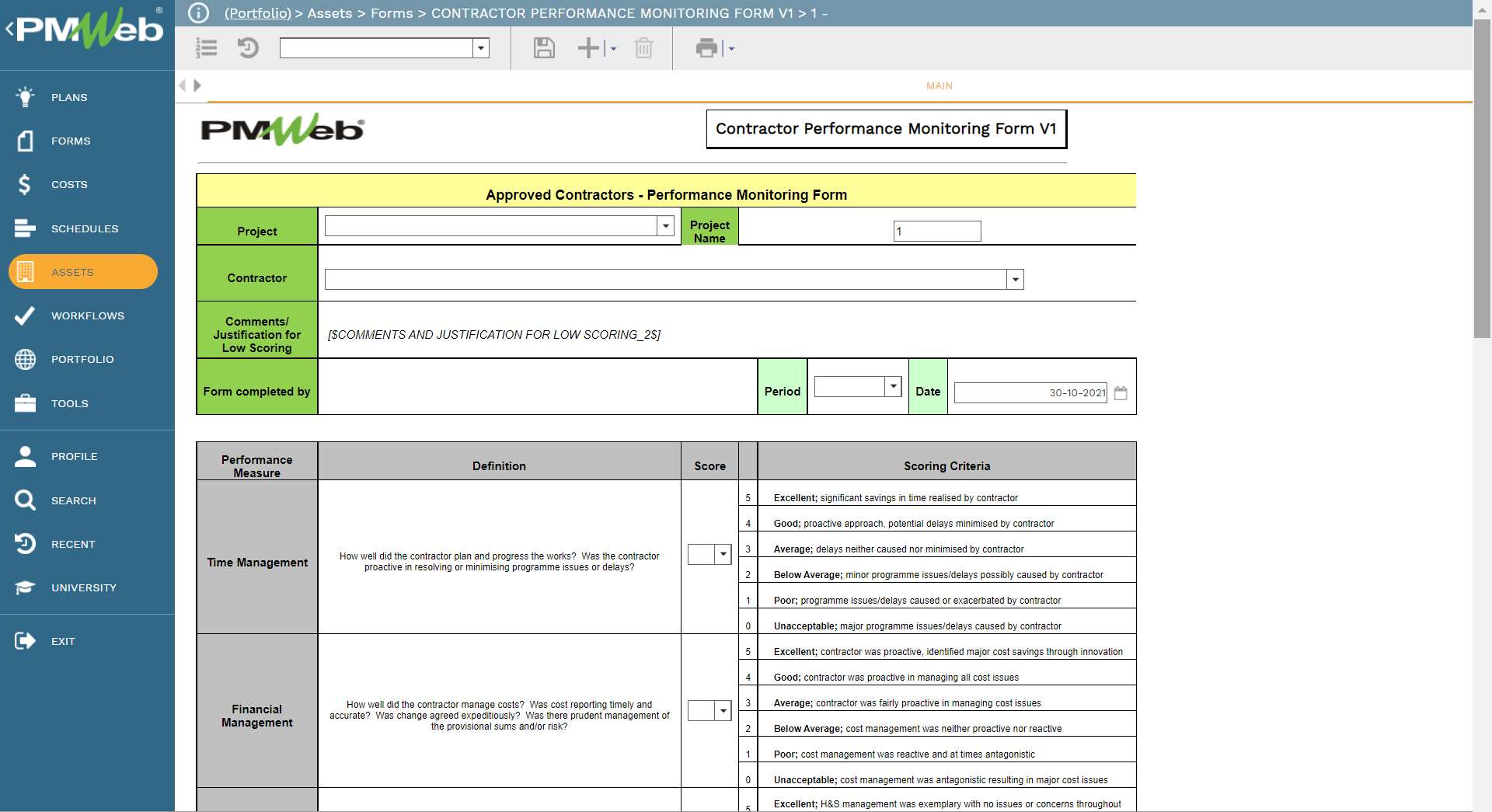 PMWeb 7 Asset Forms Contractor Performance Monitoring Form
Main