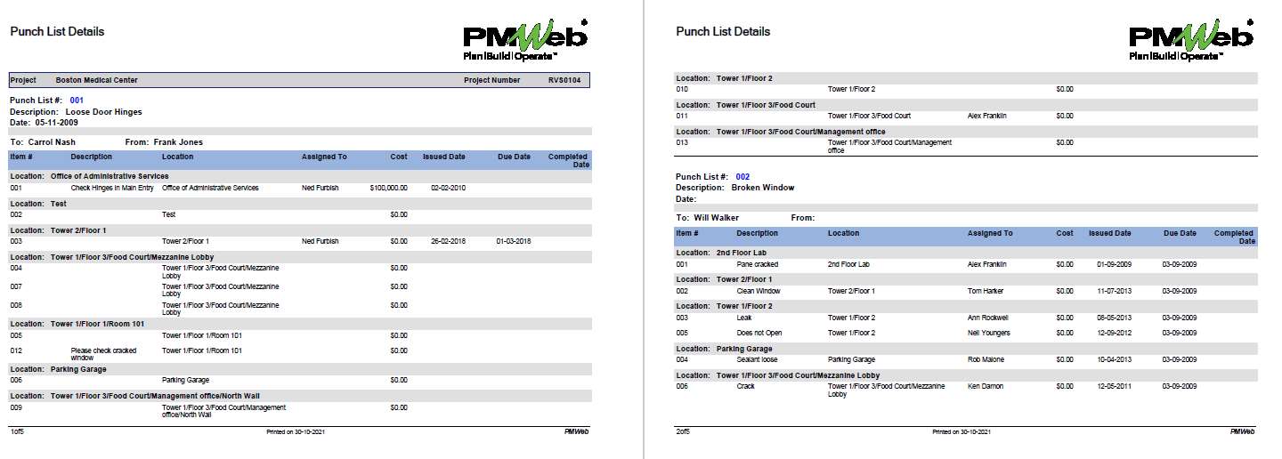 PMWeb 7 Punch List Details