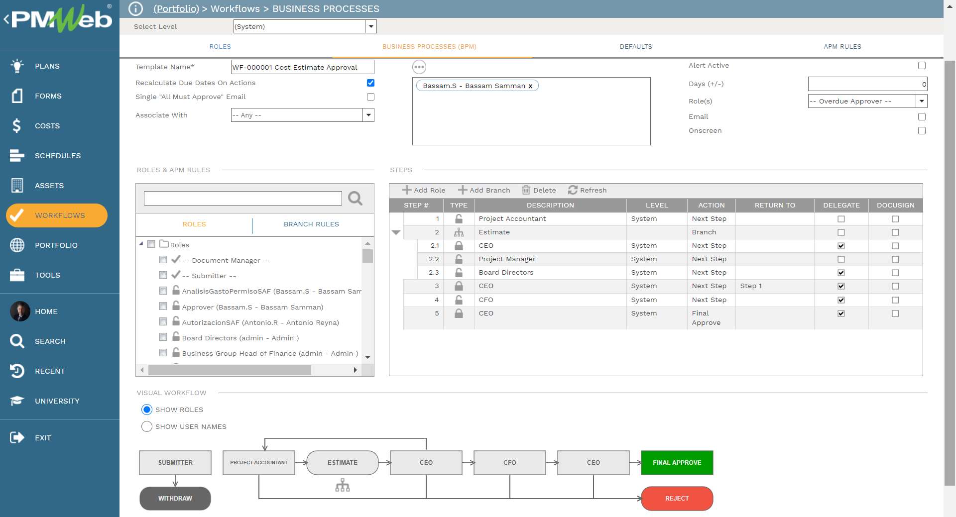 PMWeb 7 Workflow Business Processes (BPM) for tracking Actual Spent Resource Hours