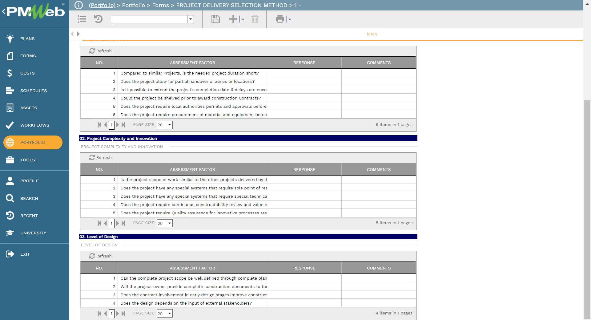 PMWeb 7 Portfolio Forms Project Delivery Selection Method 
Main