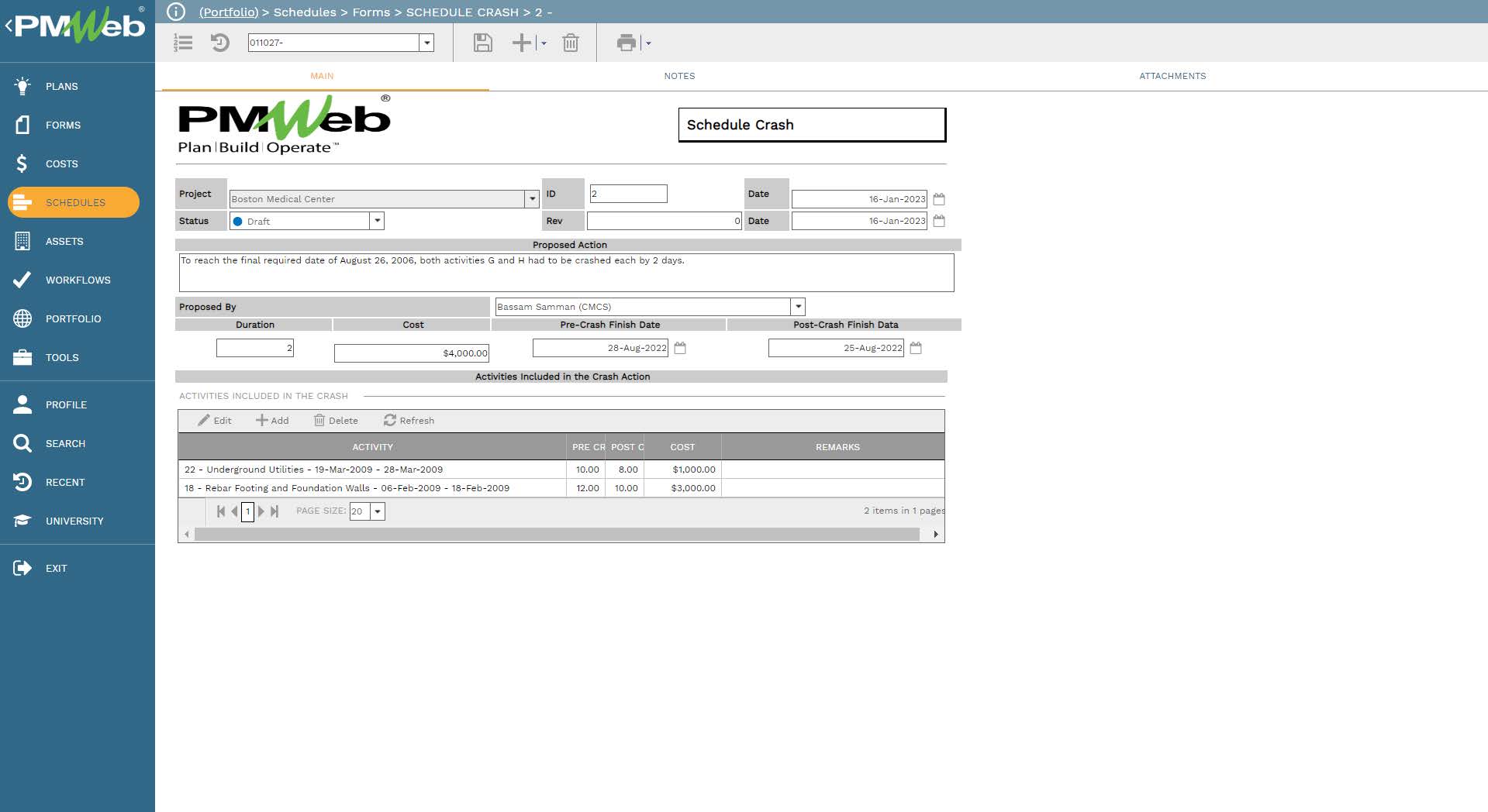 PMWeb 7 Schedules Forms Schedules Crash 
Main