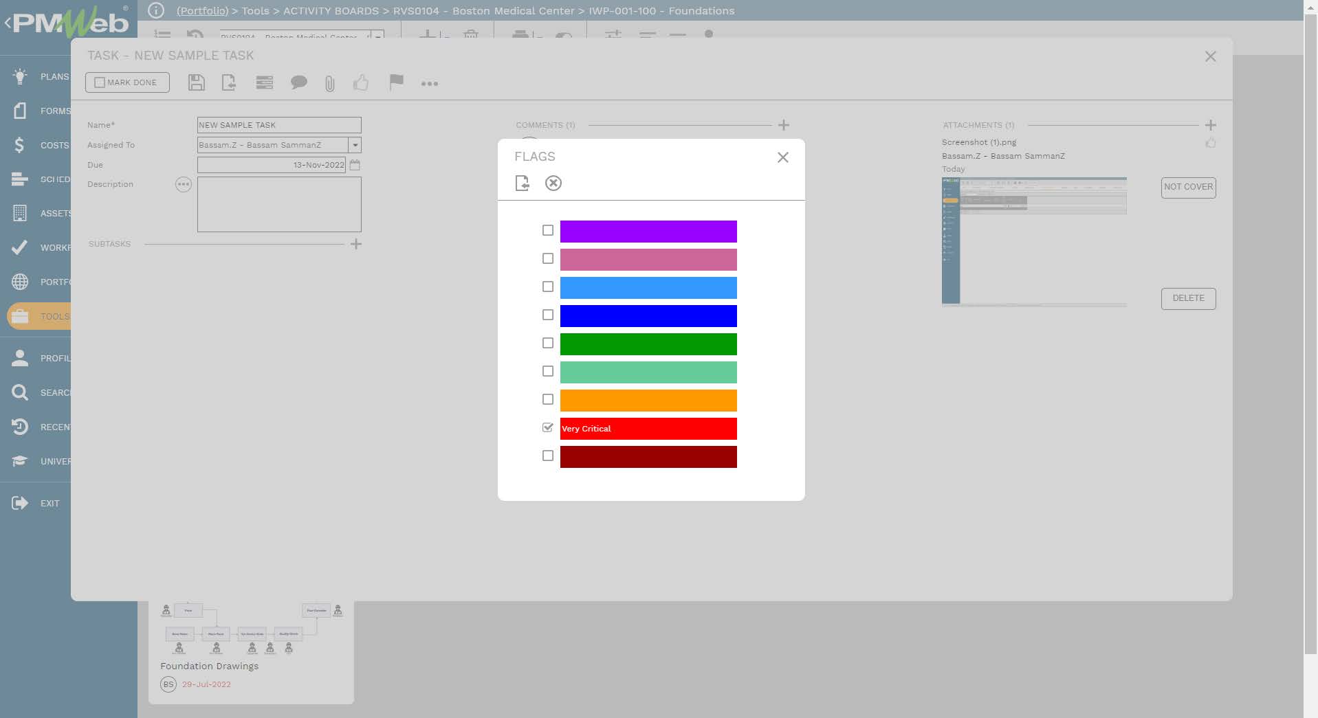 PMWeb 7 Tools Activity Boards RVS0104 Boston medical Center IWP-001-109-Foundation
Task new sample Task 
Flags 