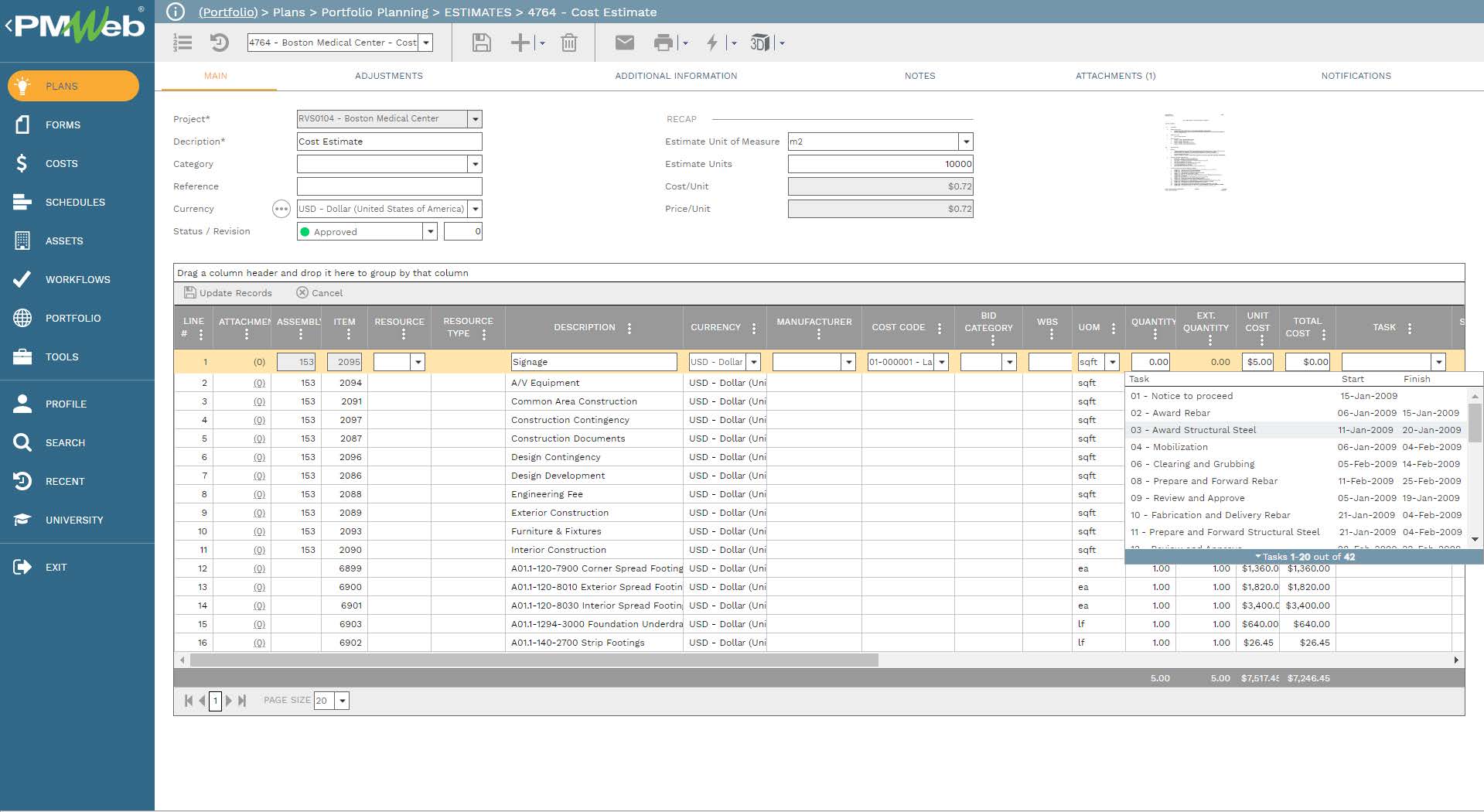 PMWeb 7 Plans Portfolio Planing Estimates Cost Estimate
Main