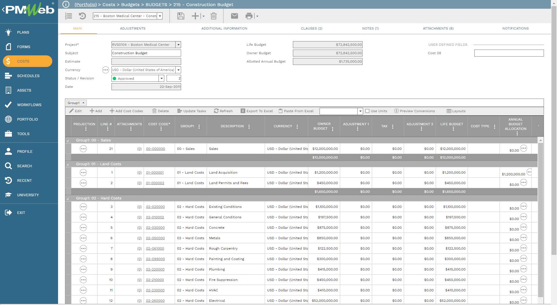 PMWeb 7 Costs Budgets Budgets Construction Budgets 
Main 