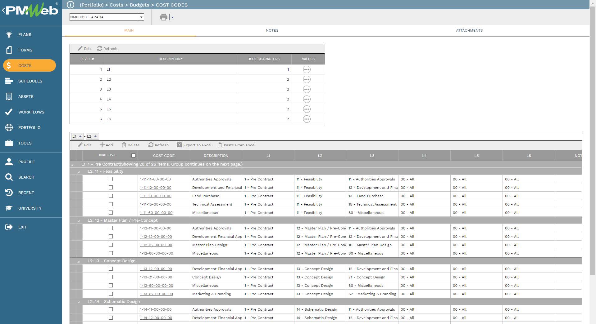 PMWeb 7 Costs Budgets Cost Codes
Main 