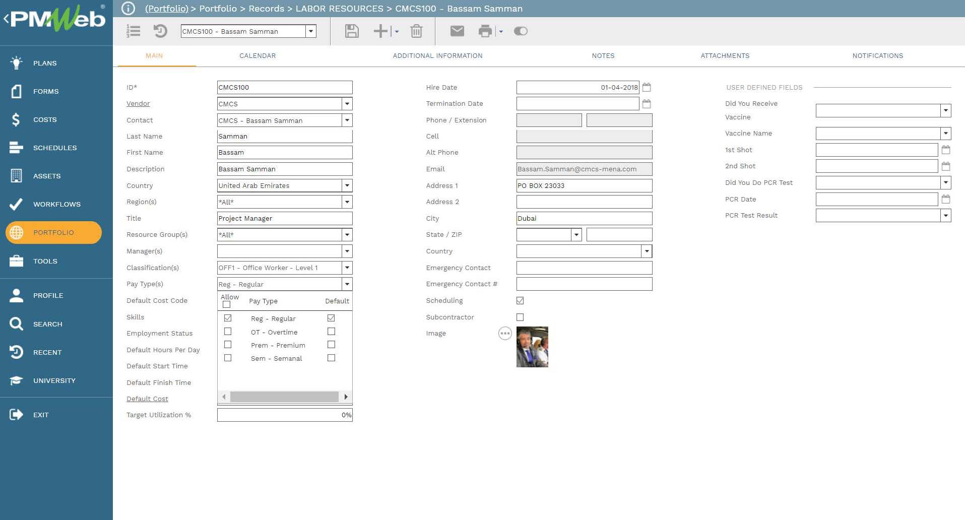 PMWeb 7 Portfolio Records Labor Resources CMCs100 Bassam Samman 
Main