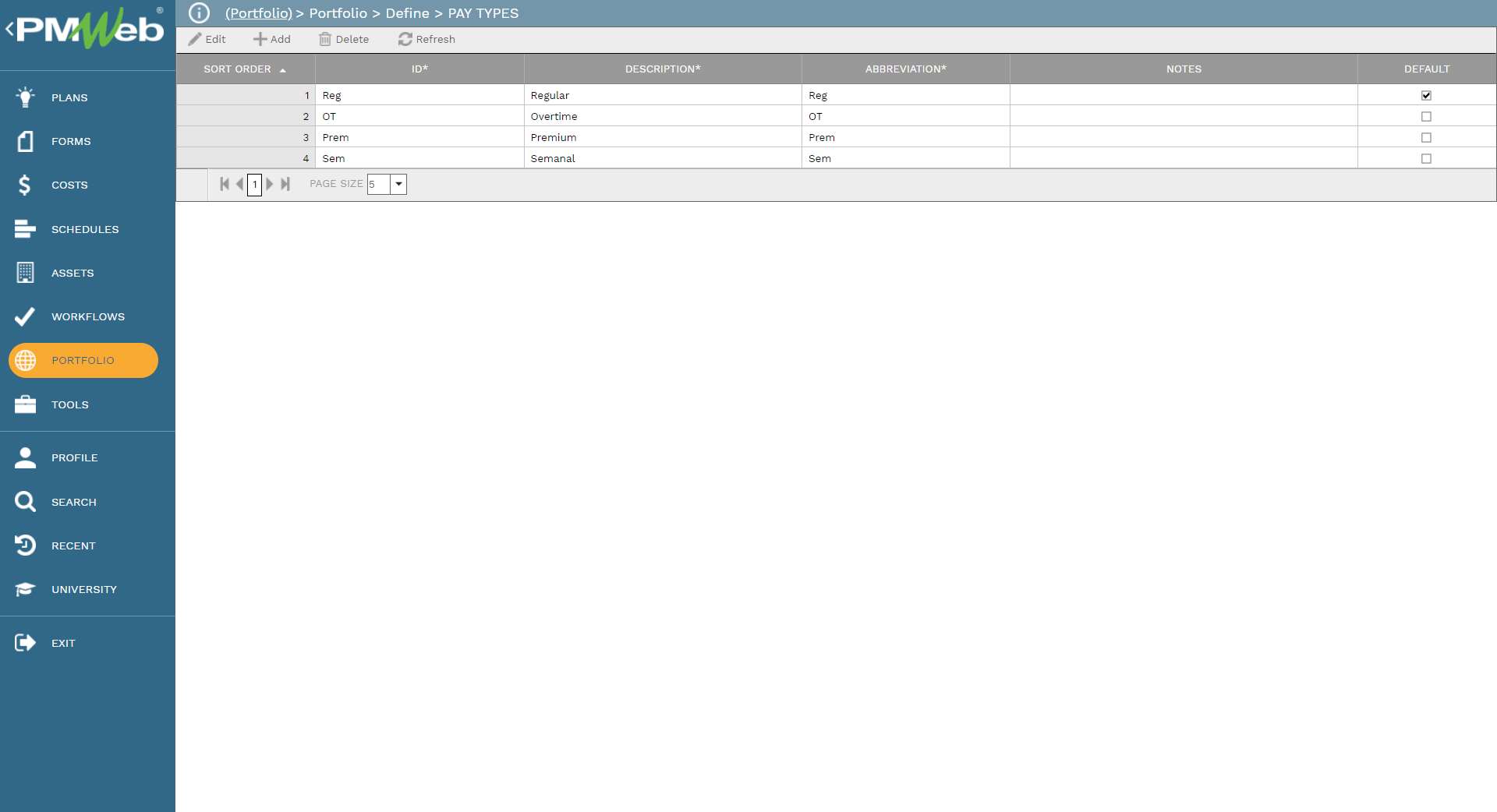 PMWeb 7 Portfolio Define Pay Types