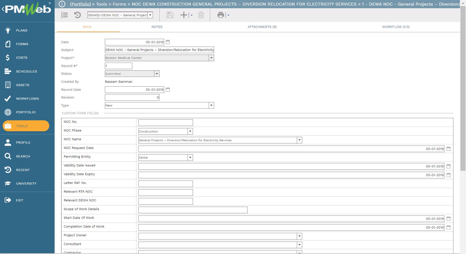 PMWeb 7 Tools Forms NOC DEWA Construction General Projects Divisions Relocation For Electricity Services DEWA NOC 
Main