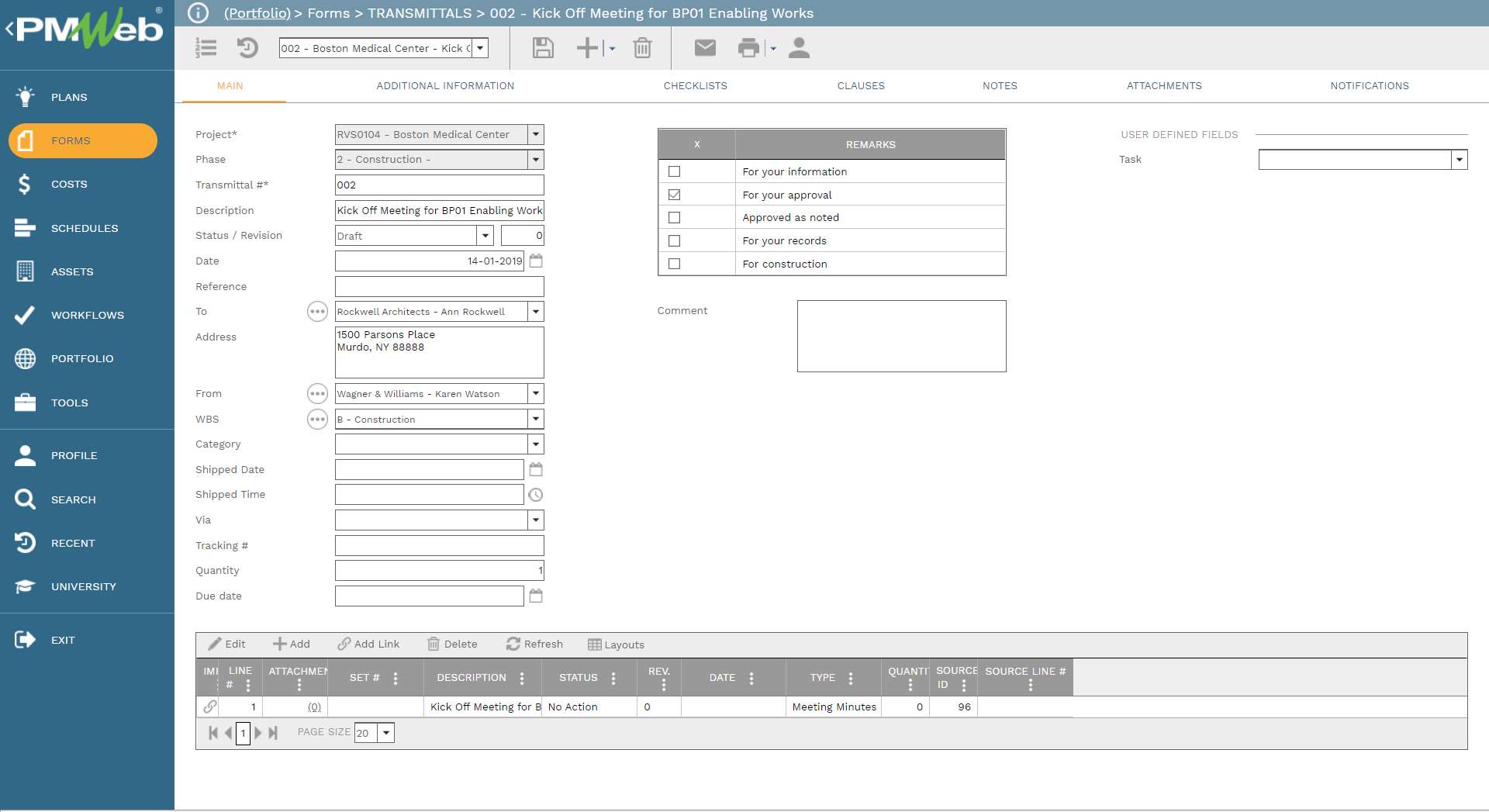 PMWeb 7 Forms Transmittals 002 Kickoff Meting For BP01 Enabling Works
Main