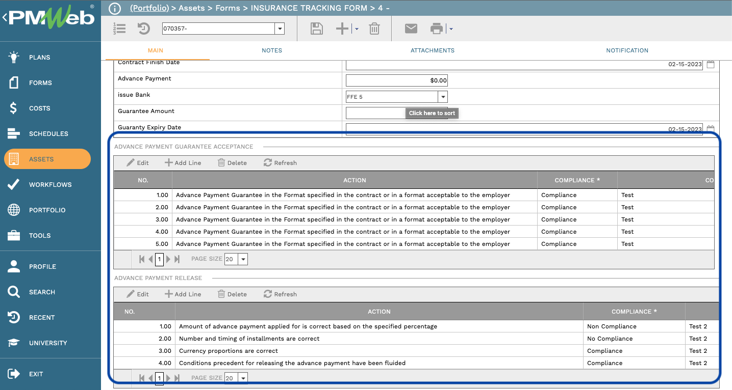 PMWeb 7 Assets Forms Insurance Tracking Form
Main