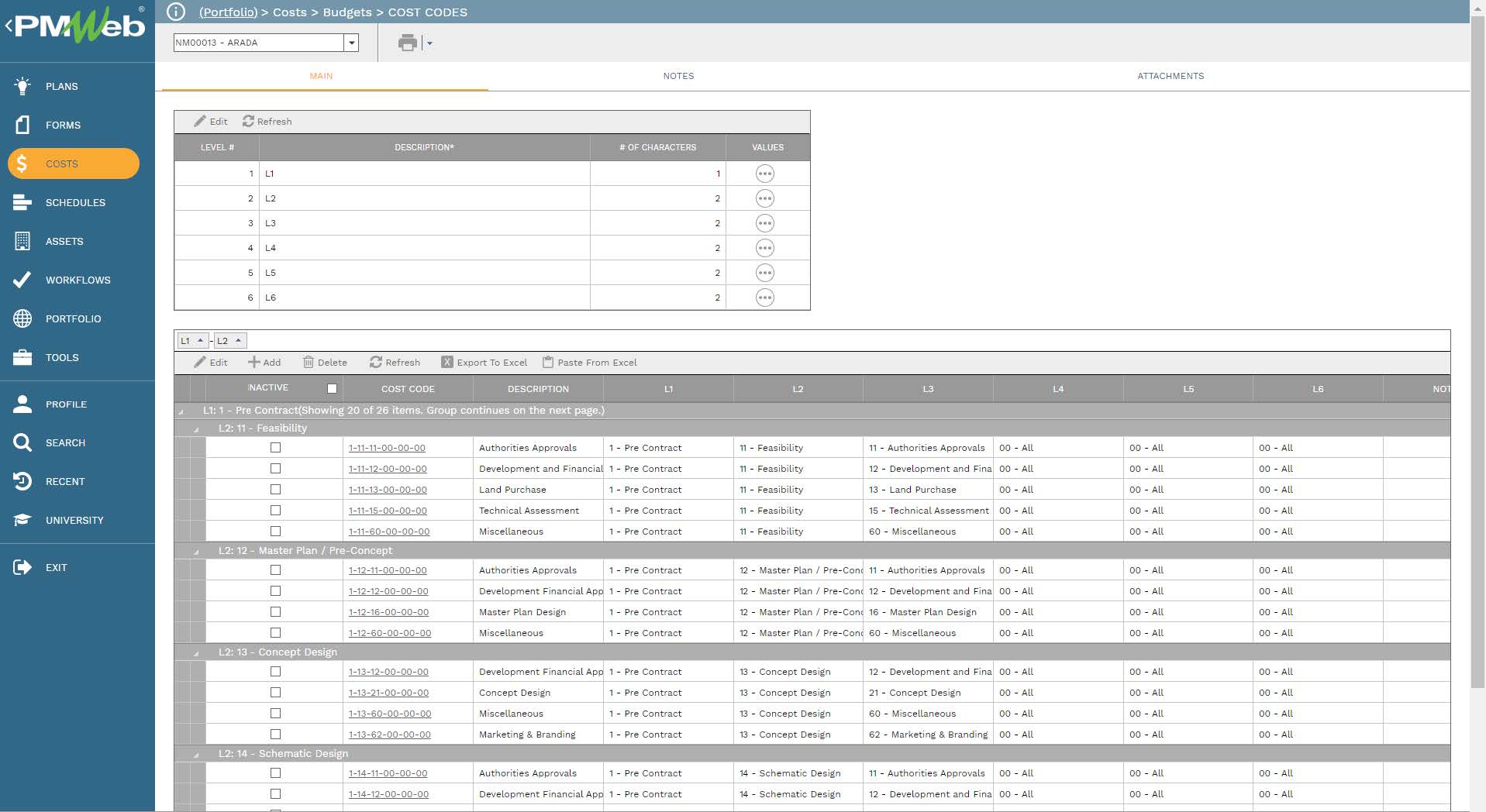 PMWeb 7 Costs Budgets Costs Codes
Main