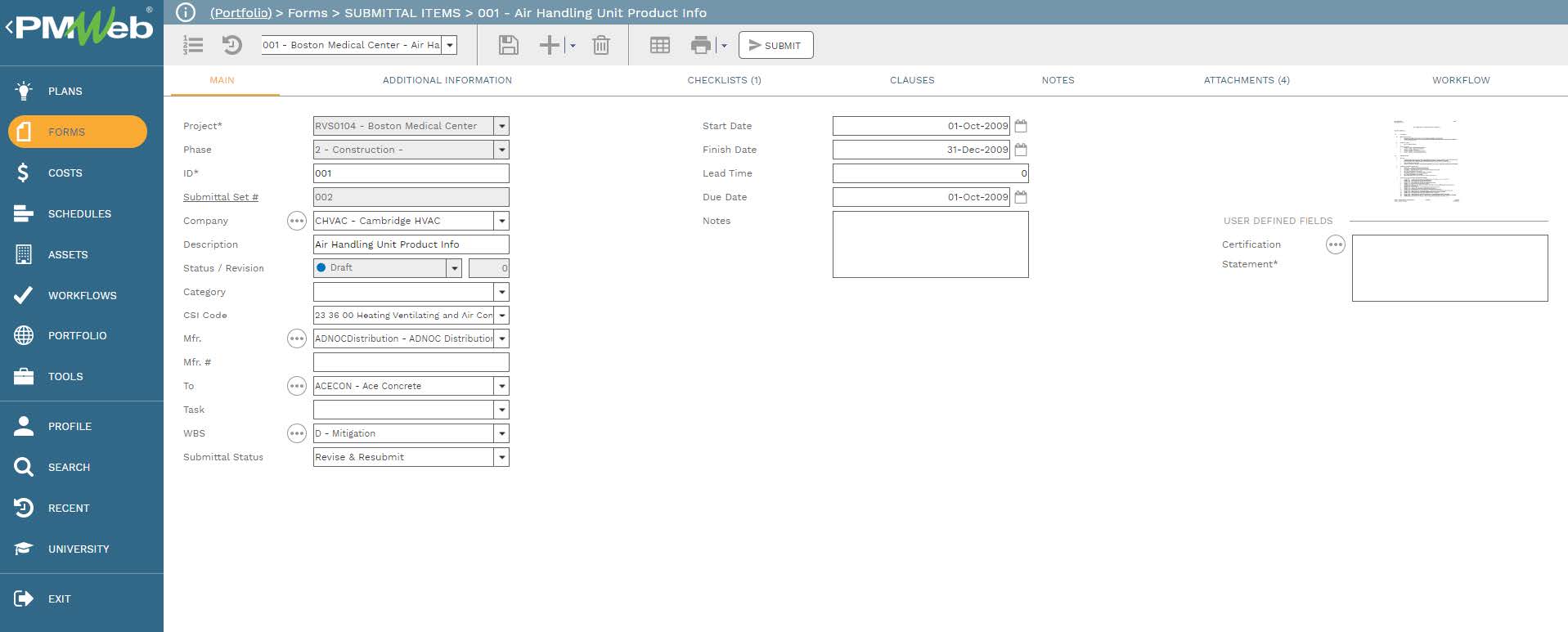 PMWeb 7 Forms Submittals Items 
Air Handing Unit Product Info 
Main 