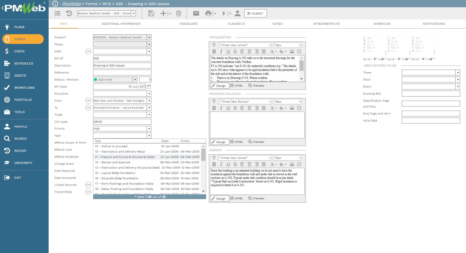 PMWeb 7 Forms RFIs Drawing A-500 Issues 
Main