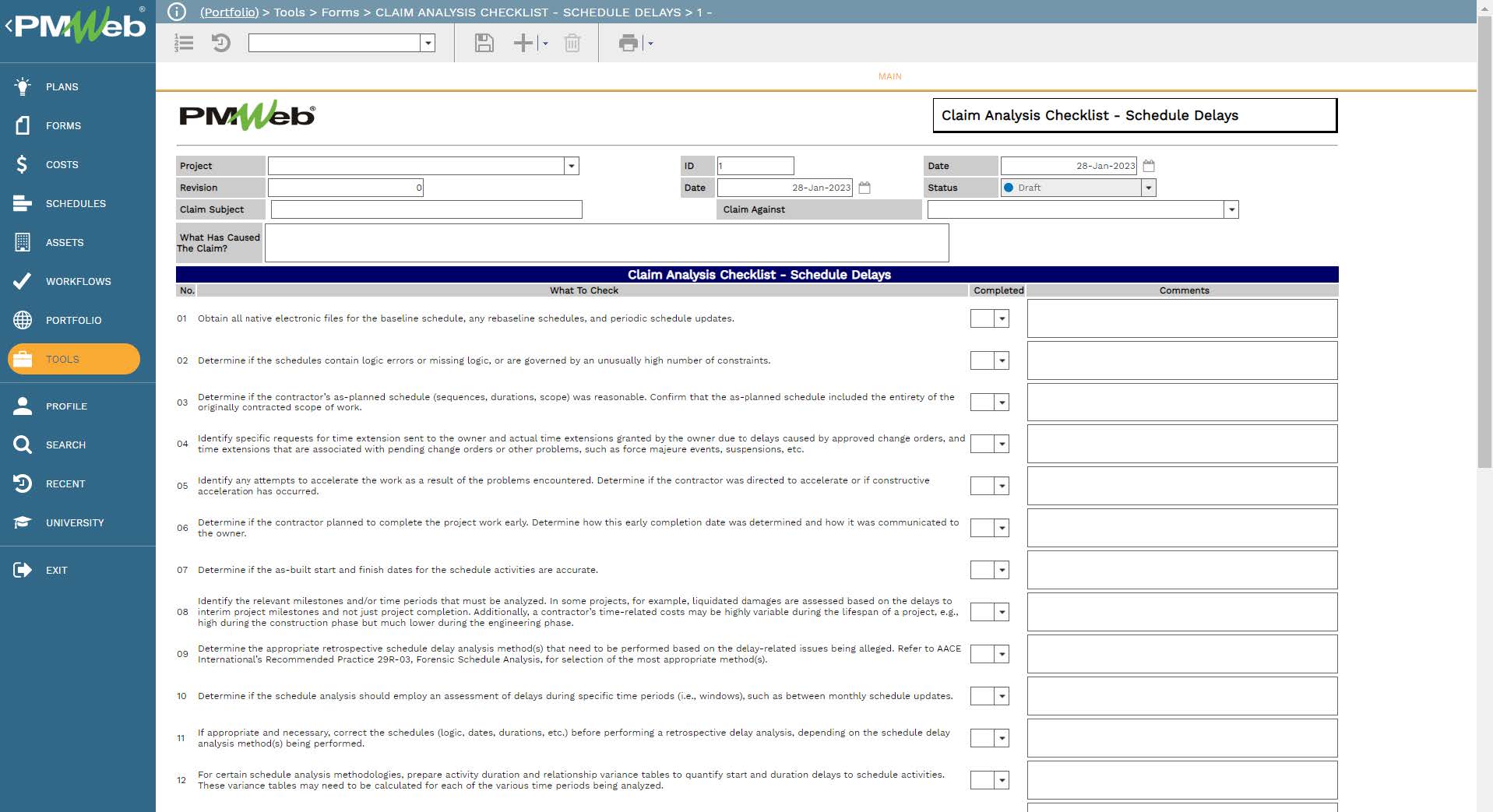 PMWeb y Tools Forms Clam Analysis Checklist Schedule Delays
Main 