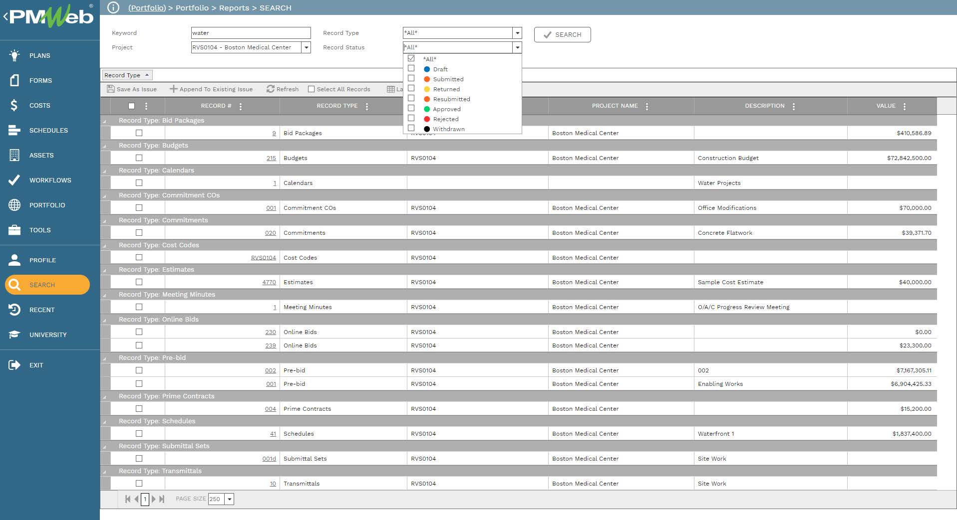 PMWeb 7 Portfolio Reports Search