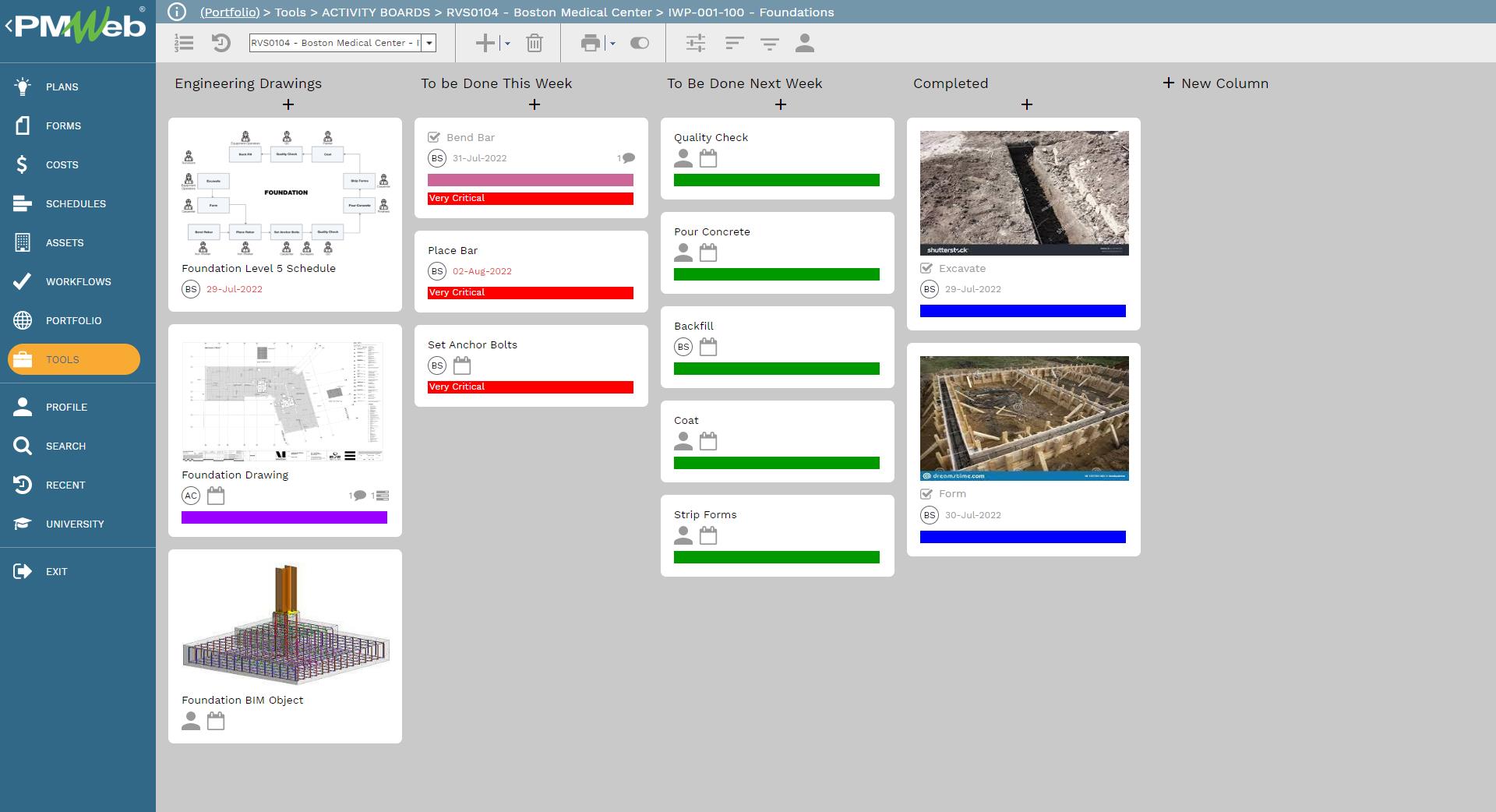 PMWeb 7 Tools Activity Boards Boston Medical center IWP 001-100 Foundation